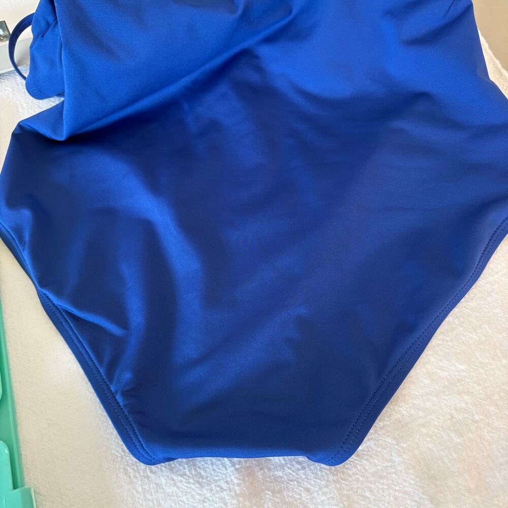 Michael Kors One Shoulder One Piece Swimsuit Royal Blue Logo Ruched Sz 14 - Picture 15 of 15